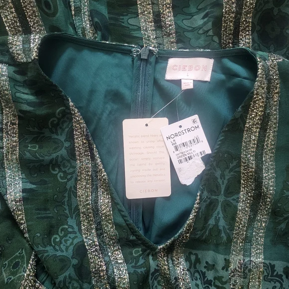 CIEBON Onella Metallic Stripe Chiffon Midi Dress Green Gold NWT Size L - Picture 7 of 11